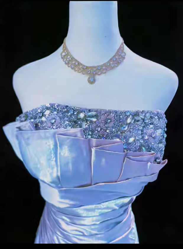 Elegant Purple Strapless Beaded Satin Pleated Mermaid Long Party Dress Prom Gown SP1851