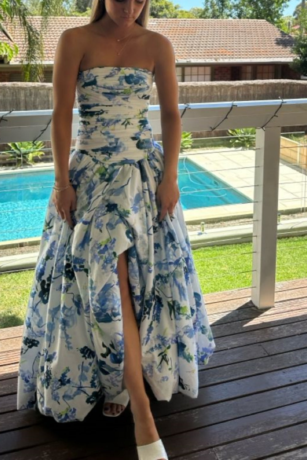 girlhomeshops-Blue And White Floral Long Satin Chiffon Ball Gown Graduation Dress gh5927
