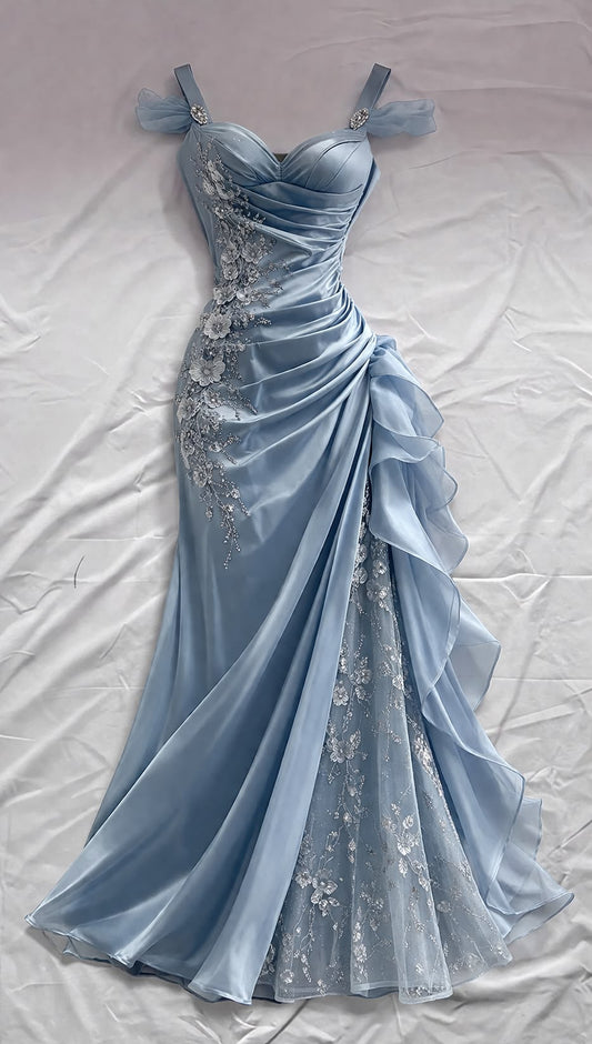 Vintage Dusty Blue Satin Mermaid Sweetheart Spaghetti Strap 3D Floral Lace Applique High Slit Ruffle Prom Dress TP5892