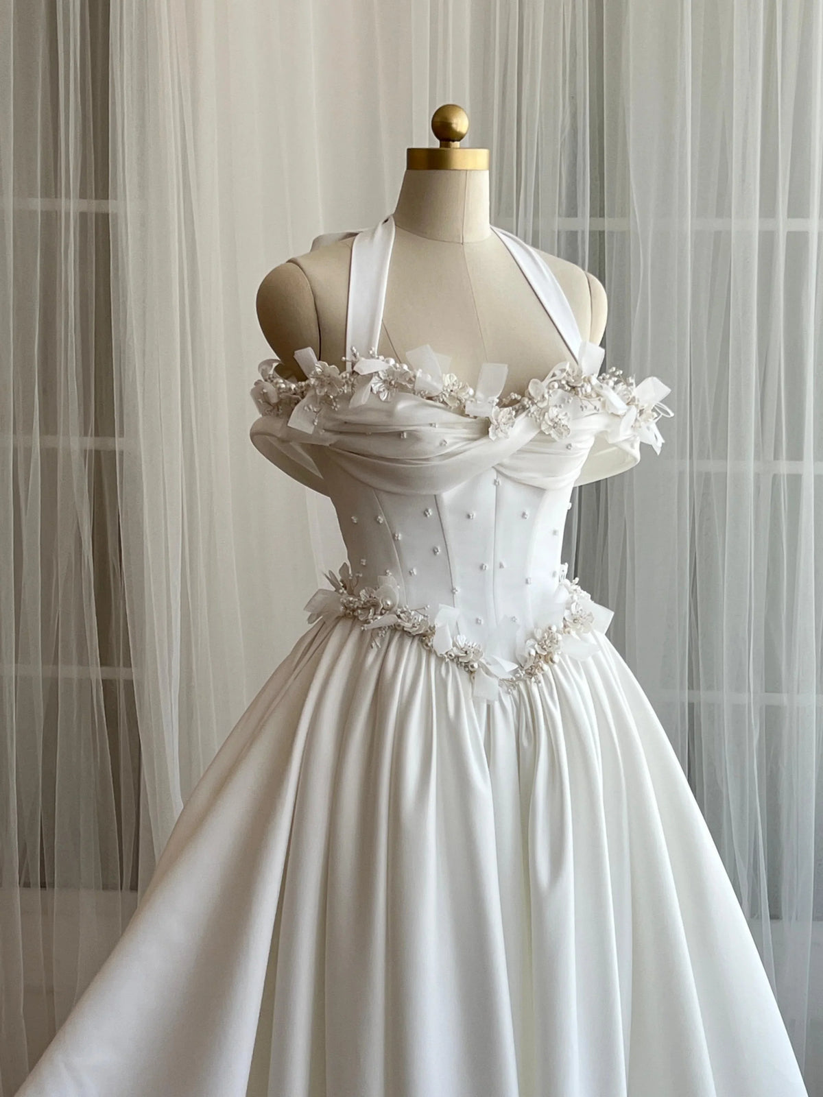 Elegant Ivory Halter Off-the-Shoulder Satin 3D Floral Beaded Corset Long Train A-Line Wedding Dress TP5906