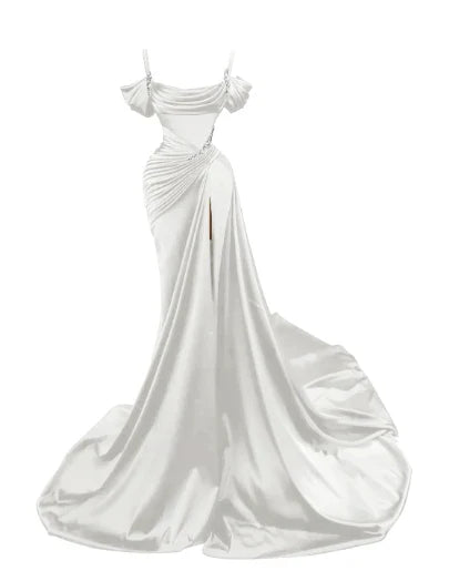 Elegant Mermaid Spaghetti Strap Prom Dress Pleated High Slit Evening Gown Party Dress Long Formal Dress TP4815