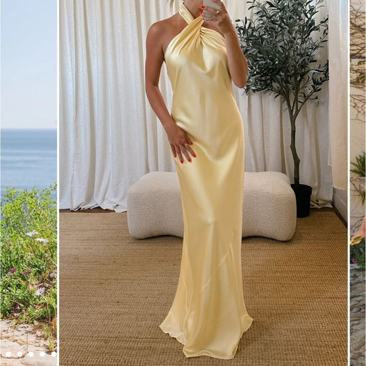 Fashion Halter Sheath Long Party Prom Dress,Yellow Evening Gown cc2493