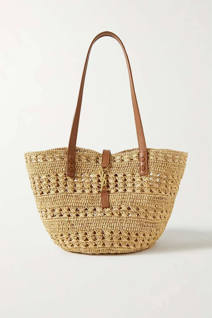 SAINT LAURENT Panier small leather-trimmed raffia tote
