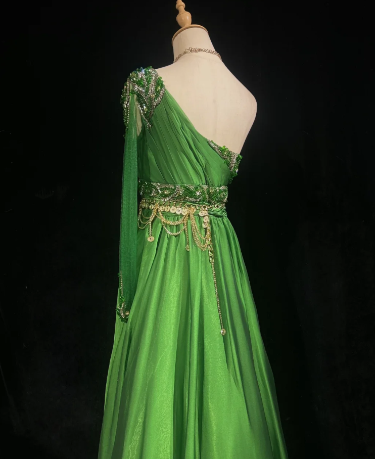 Gorgeous Green One Shoulder Satin Beaded Long Party Dress Birthday Dress SP1859