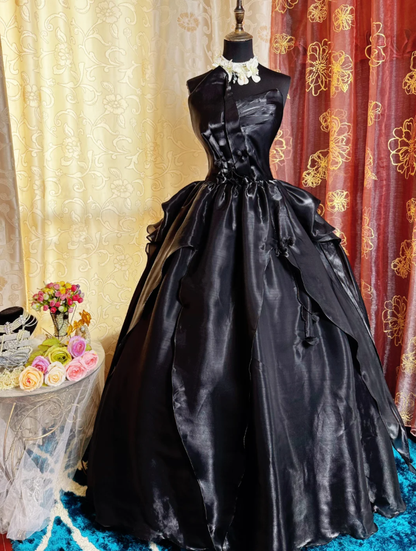 Fashion Strapless Black Satin Tulle Beaded Long Birthday Prom Dress Evening Gown SP1619