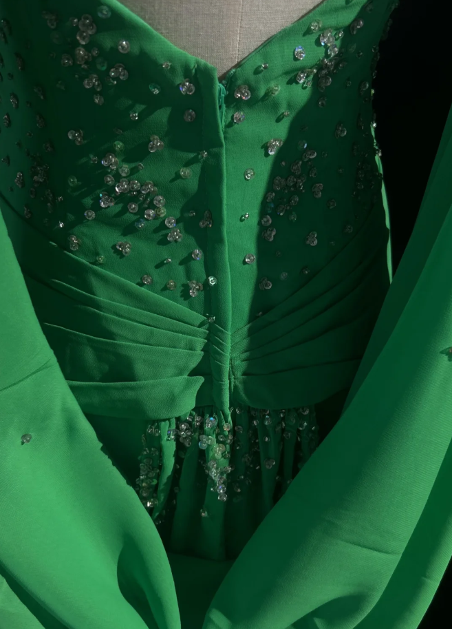 Stylish Green Satin Pleated Beaded Mermaid Long wedding Guest Dress Formal Evening Dress SP1387