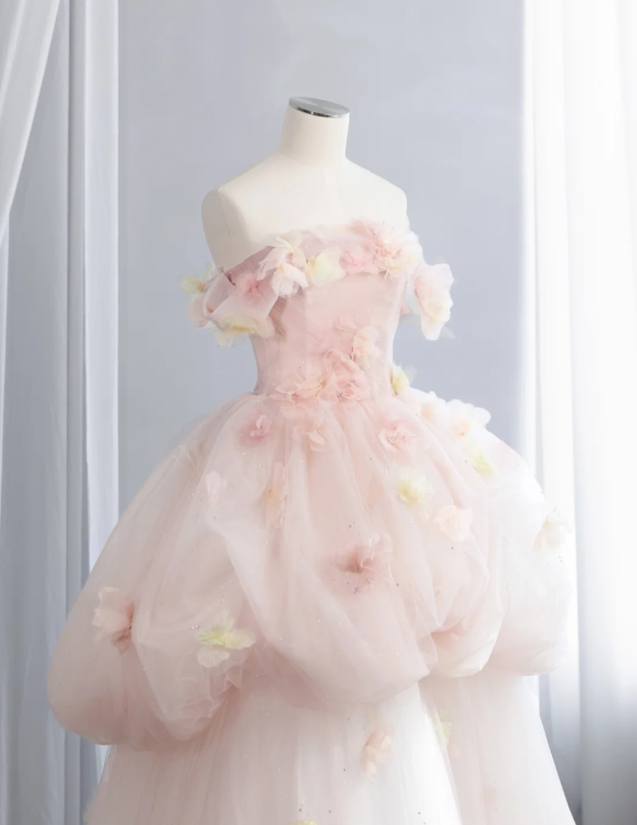 Sweet Off The Shoulder Ball Gown Light Pink  Tulle Beaded Appliques Birthday Quinceanera Dress SP1518