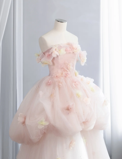 Sweet Off The Shoulder Ball Gown Light Pink  Tulle Beaded Appliques Birthday Quinceanera Dress SP1518