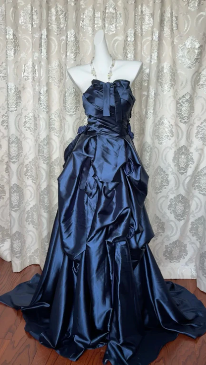 Retro Halter Navy Blue Satin Pleated Ball Gown Long Party Dress