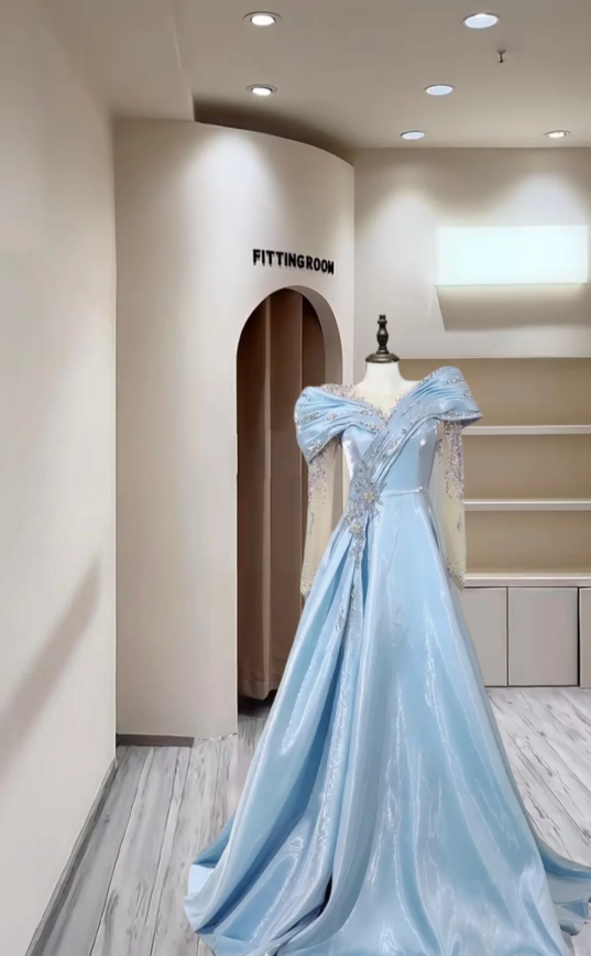 Elegant Blue Satin Pleated Beaded Ball Gown Long Birthday Party Dress Evening Gown