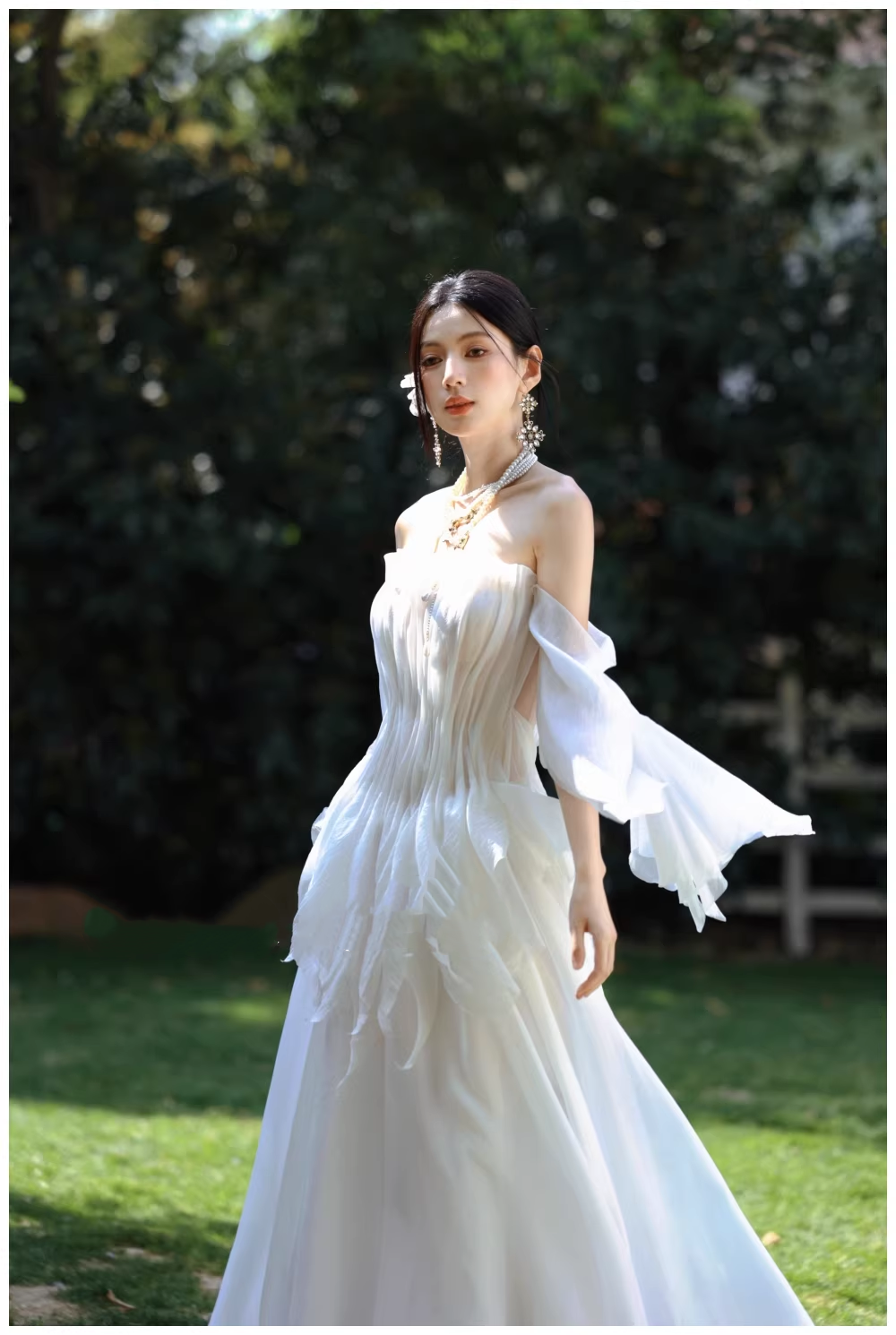 Fairy Off The Shoulder White Chiffon Pleated Pearls Long Party Dress Birthday Evening Gown