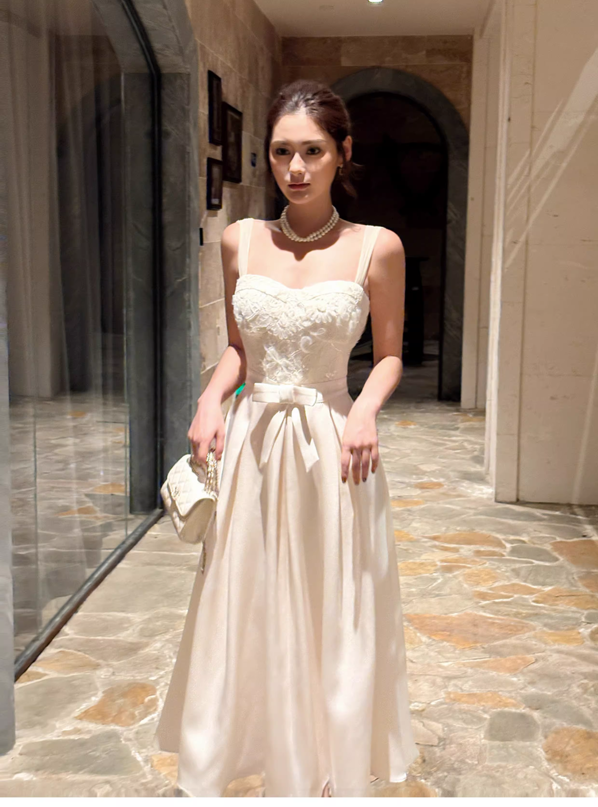 Pretty Bow Satin Lace A Line Long Evening Dress White Wedding Guest Dress SP1540