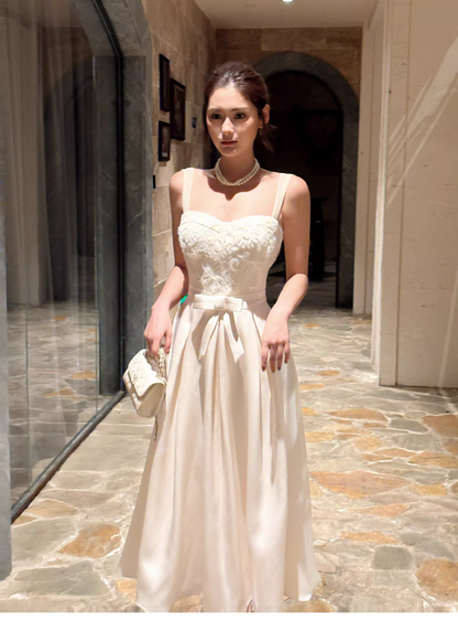 Pretty Bow Satin Lace A Line Long Evening Dress White Wedding Guest Dress SP1540