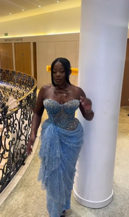 Shiny Strapless Blue Sequin Beaded Sheath Long Party Dress Evening Gown