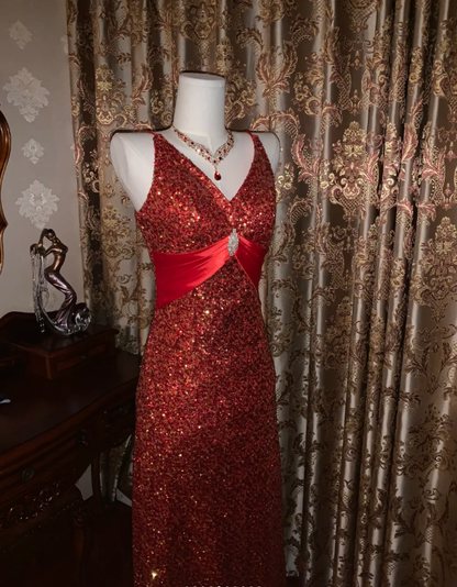 Vintage Red V Neck Sequin Beaded Mermaid Party Dress Long Evening Gown
