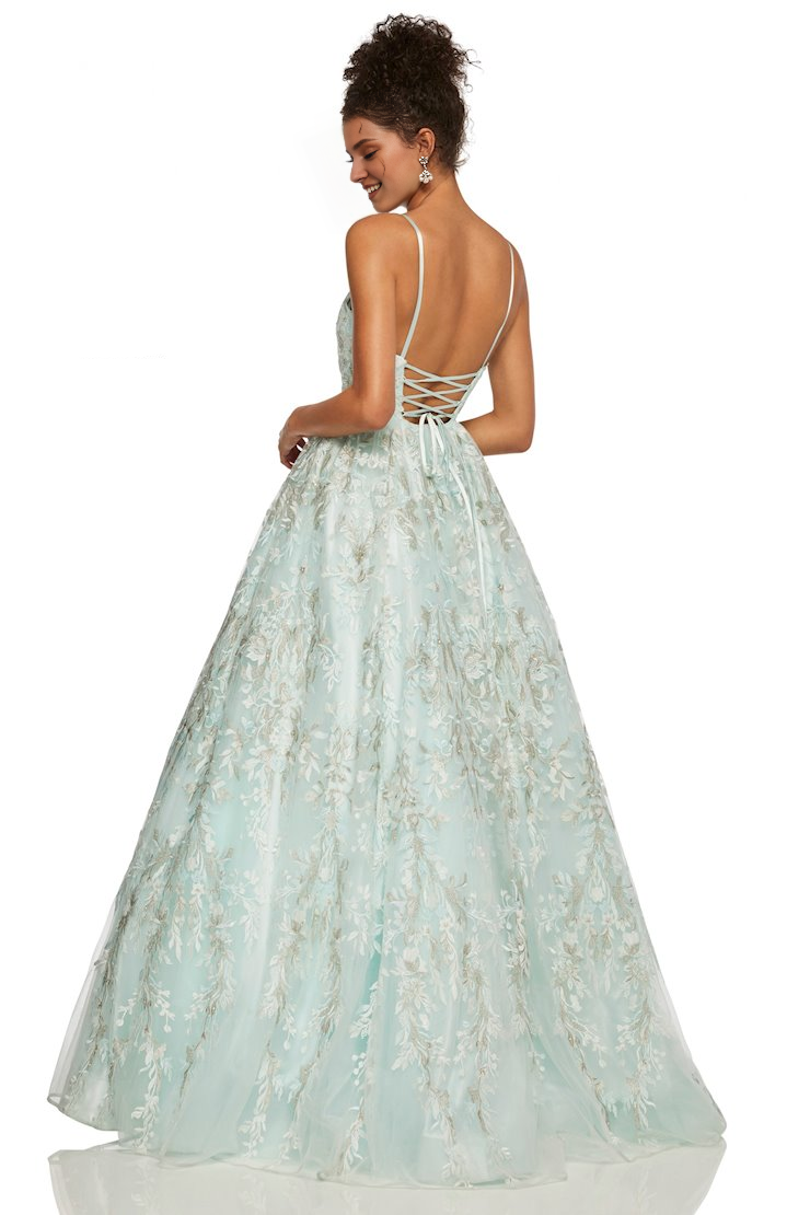 A-line V-neck sheer lace applique thin shoulder strap and floor length evening dress
