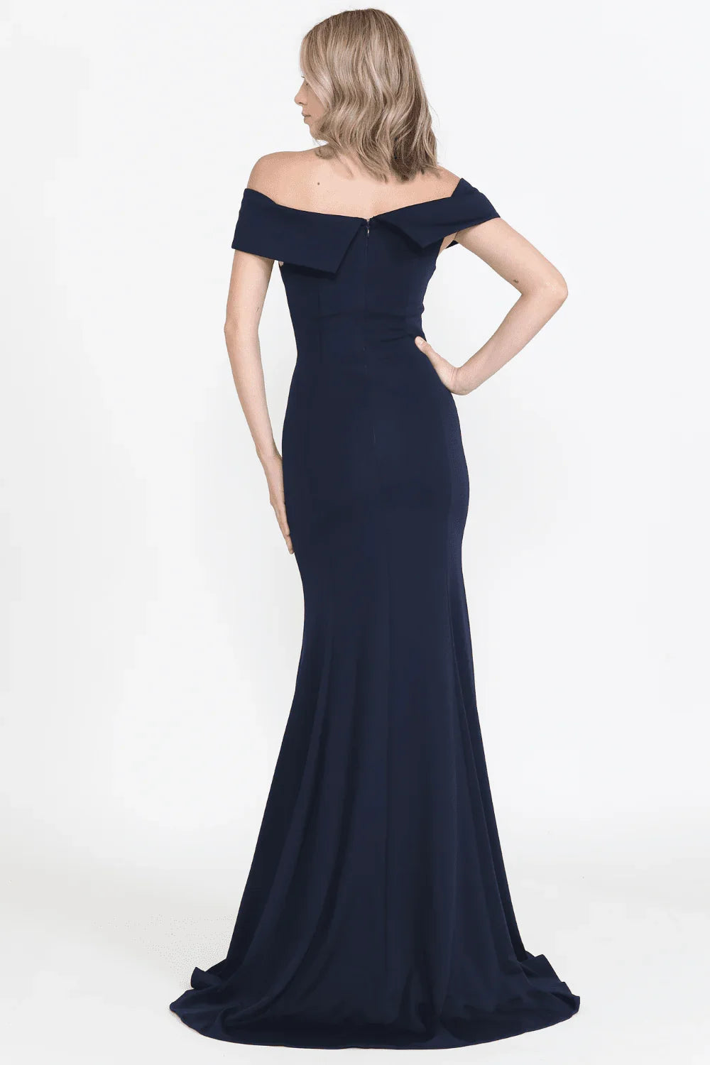 Front slit fit long off shoulder plain knit dress