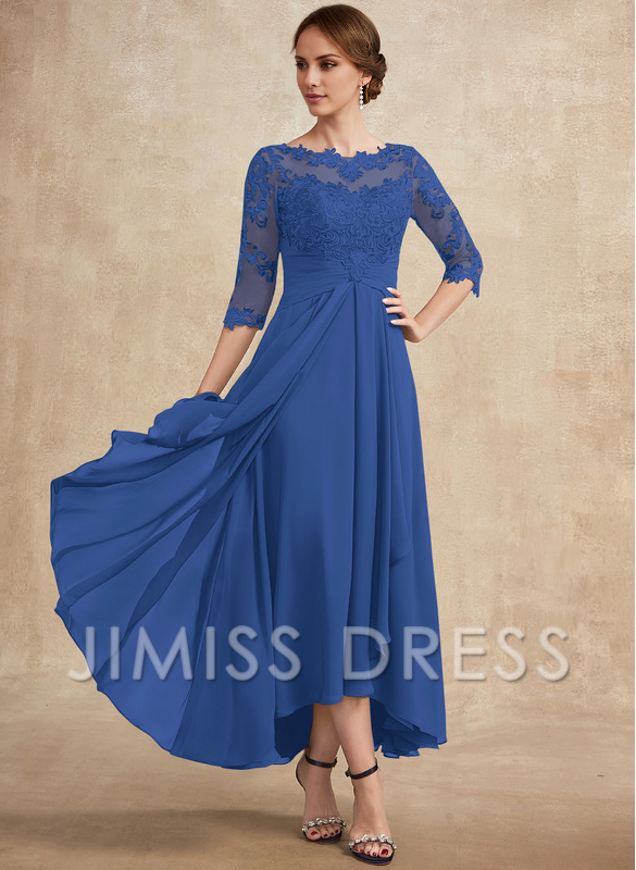A-line hollow illusion asymmetrical lace chiffon belt with layered ruffles mother of the bride dress
