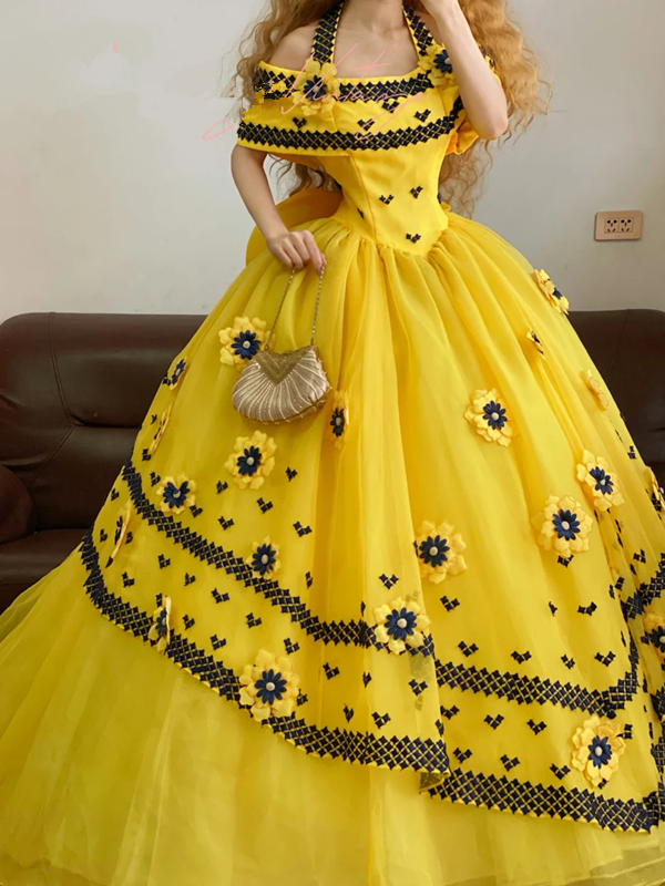 Yellow Off-the-Shoulder Waist-Cinched Elegant Puffball Skirt Ball Gown, Bridal Gown R7345