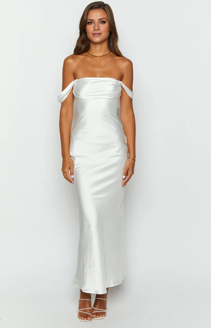 off shoulder minimalist sleeveless backless satin long Prom dress