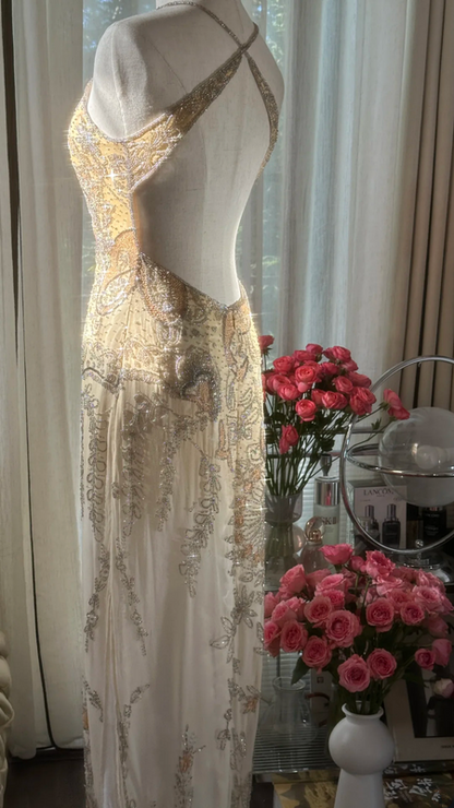 Light apricot halter neck, fitted waist, backless, sexy rhinestone long ball gown R7760