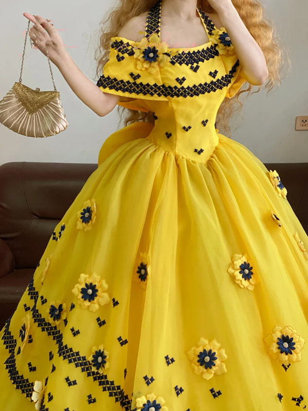 Yellow Off-the-Shoulder Waist-Cinched Elegant Puffball Skirt Ball Gown, Bridal Gown R7345