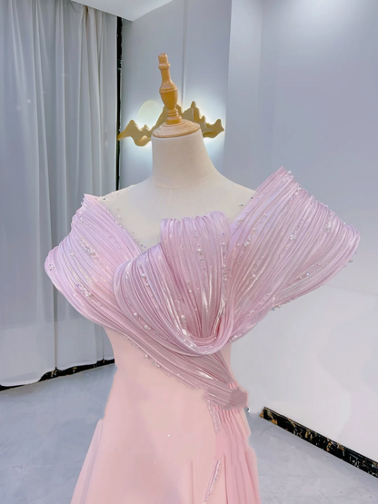 Light Pink Waist-Cinched Fitted Long Elegant Evening Dress, Fairy Gown, Romantic Gown gh7388