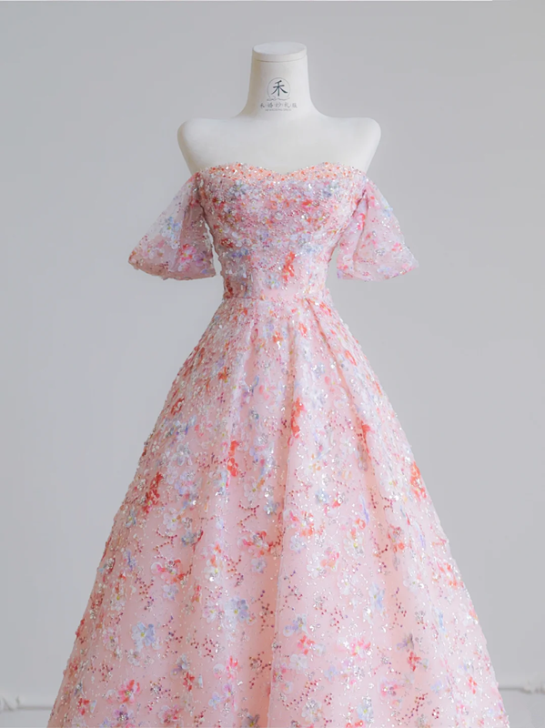 Light pink floral sequined off-the-shoulder fitted waist ball gown/bridal dress R8234