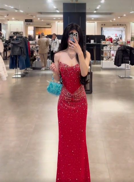Red strapless waist-cinching slim-fit bodycon sexy long prom dress R7920