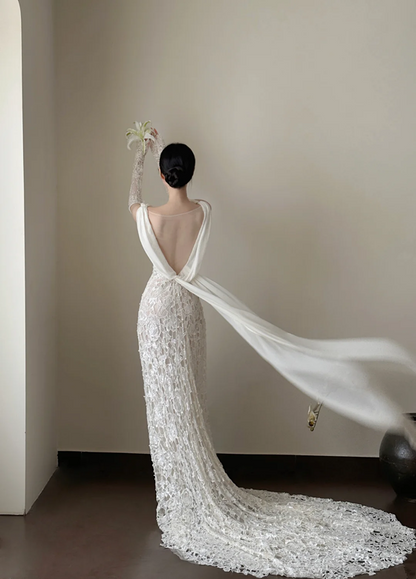 White V-neck, waist-cinched, slim-fit, lace cutout, long elegant prom dress, wedding dress R7960