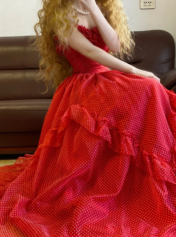Red Strapless Waist-Cinched Puff-Skirt Ball Gown & Bridal Gown R7375