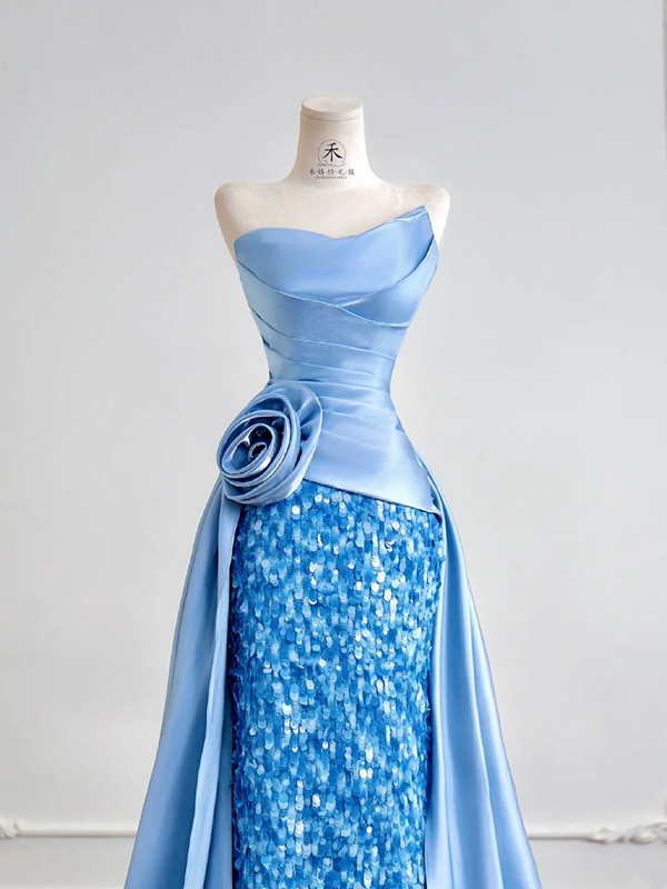 Light blue strapless, fitted, elegant long ball gown R8199