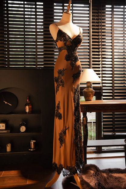 Light brownish-yellow halter-neck fitted waist bodycon sexy long ball gown R7729