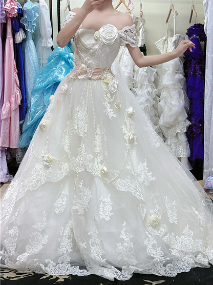 White off-the-shoulder fitted waist elegant classic ball gown, bridal dress R7246