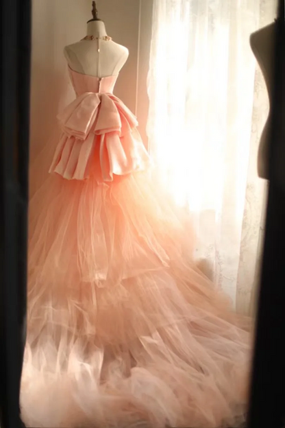 Pink strapless fitted waist slim-fitting long ball gown/bridal dress R6813