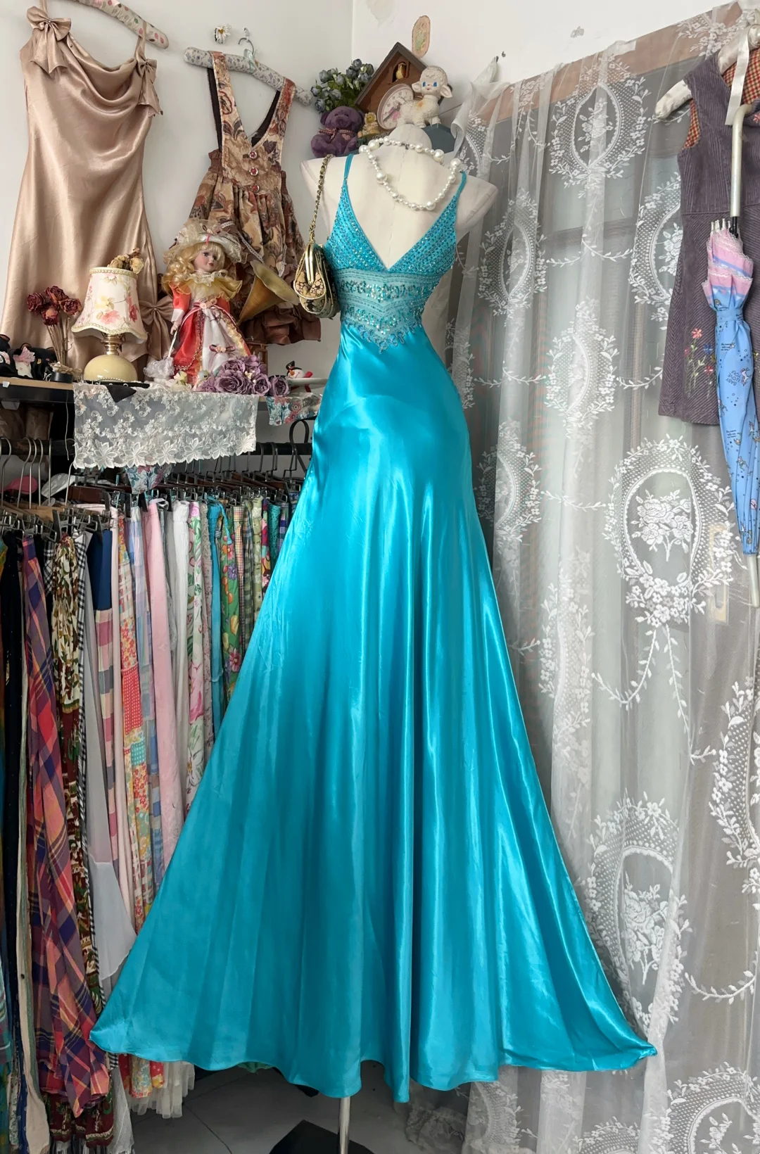 Lake Blue Spaghetti Strap Waist-Tight Slim Elegant Long Prom Dress, Evening Gown gh7197