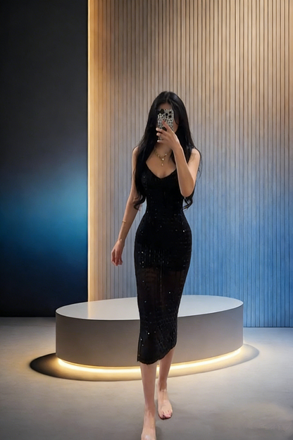Black halter-neck fitted sequined sexy ball gown R8039