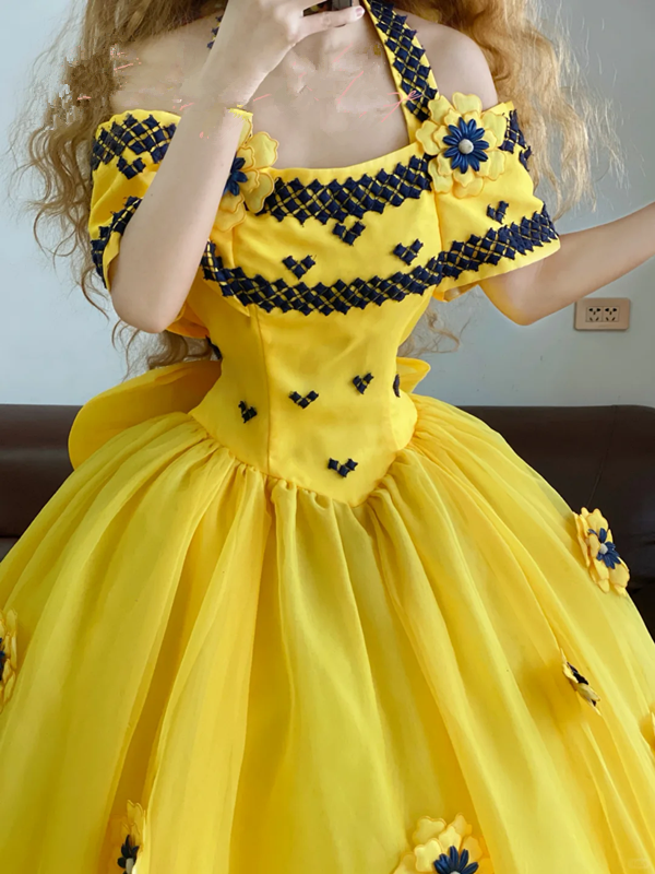 Yellow Off-the-Shoulder Waist-Cinched Elegant Puffball Skirt Ball Gown, Bridal Gown R7345