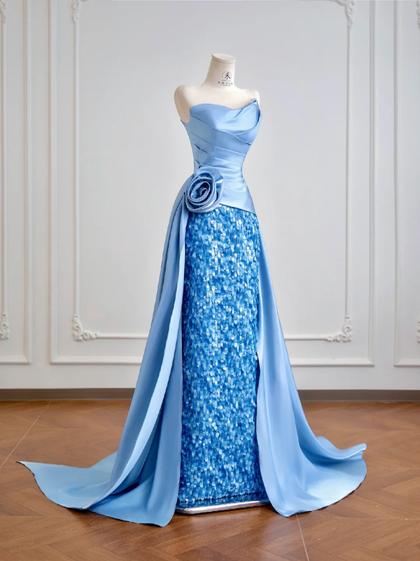 Light blue strapless, fitted, elegant long ball gown R8199