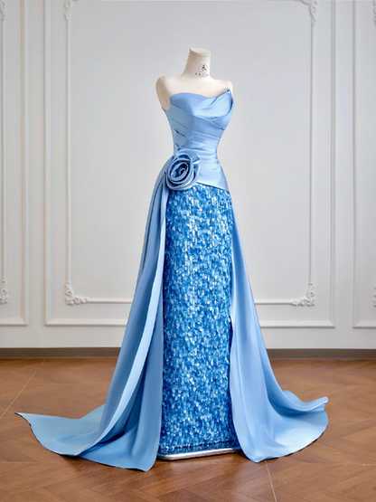 Light blue strapless, fitted, elegant long ball gown R8199
