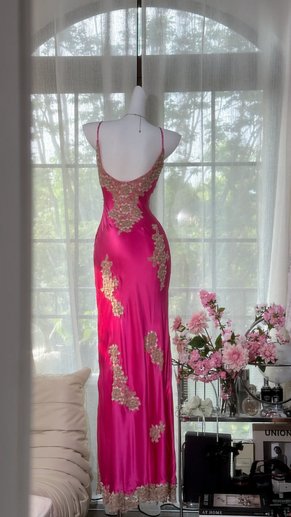 Rose pink halter-neck fitted long ball gown R7648