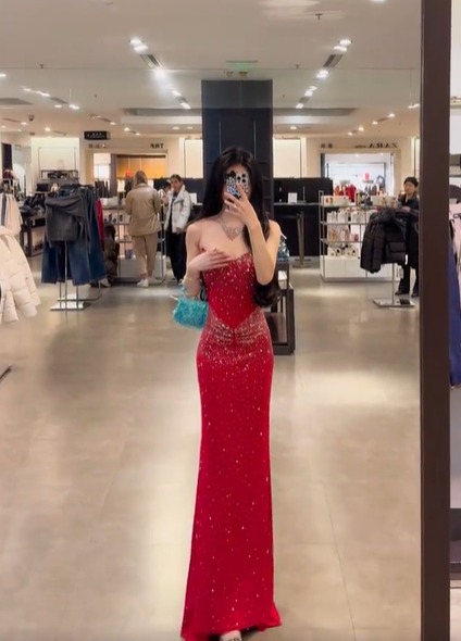 Red strapless waist-cinching slim-fit bodycon sexy long prom dress R7920