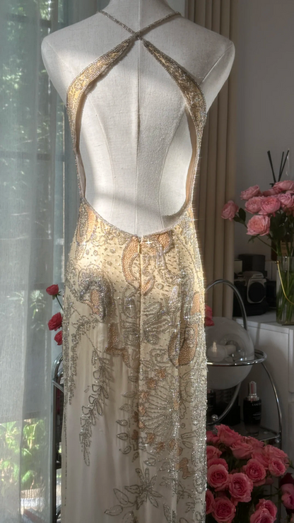 Light apricot halter neck, fitted waist, backless, sexy rhinestone long ball gown R7760