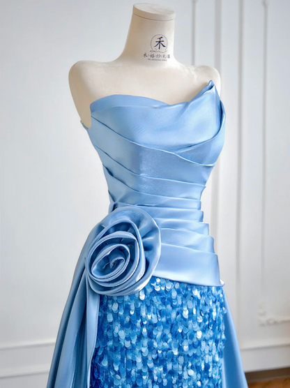 Light blue strapless, fitted, elegant long ball gown R8199