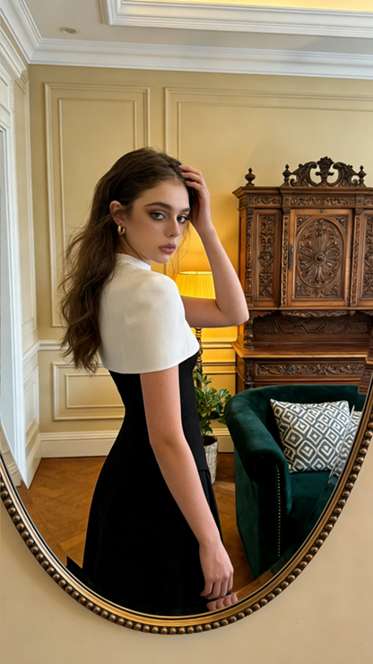 Black and white sophisticated fitted long ball gown R8586