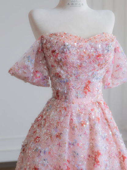 Light pink floral sequined off-the-shoulder fitted waist ball gown/bridal dress R8234