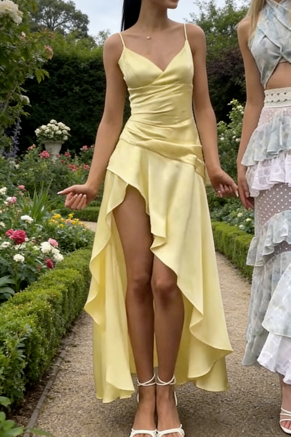 Light Yellow Satin Spaghetti Strap Maxi Dress - V-Neck Ruffle High-Slit Garden Party/Beach Vacation/Light Evening Dress gh6996