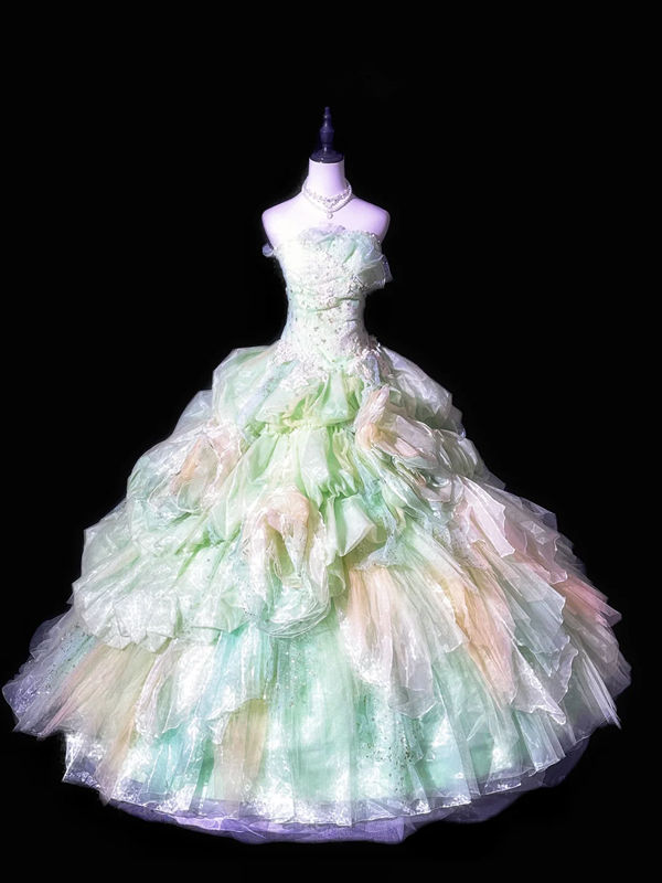 Light green strapless, fitted waist, full skirt, long ball gown R8681