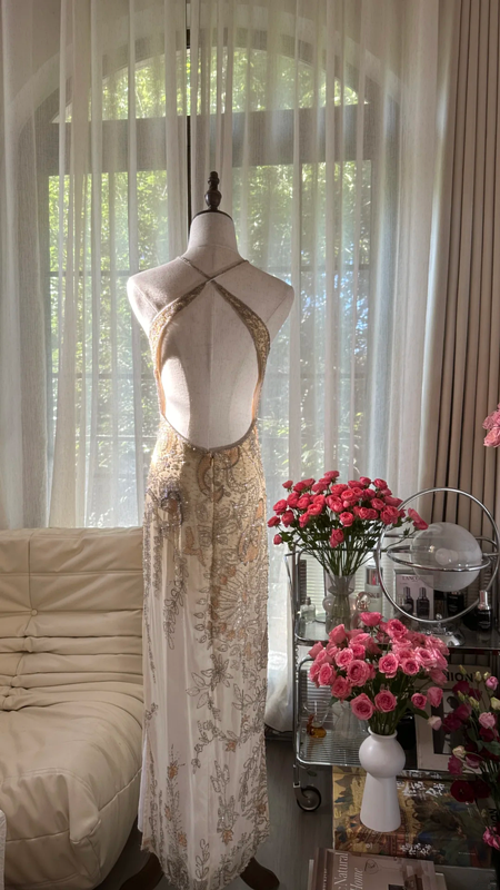 Light apricot halter neck, fitted waist, backless, sexy rhinestone long ball gown R7760