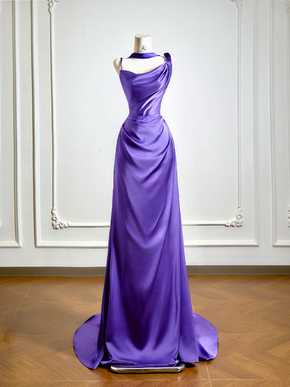 Purple halter-neck satin fitted long elegant ball gown R8147